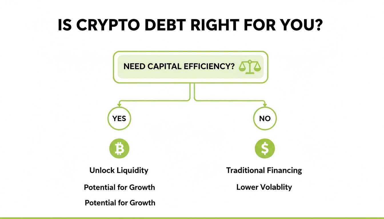 Flowchart asking 'Is crypto debt right for you?', comparing crypto benefits with traditional financing.