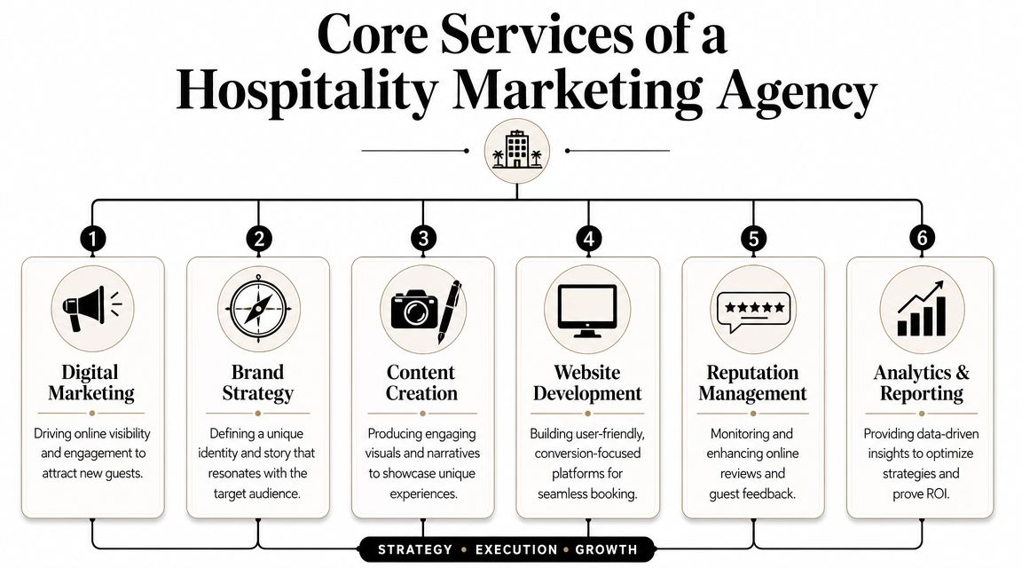 An infographic detailing six core services provided by a professional hospitality marketing agency to hotels.