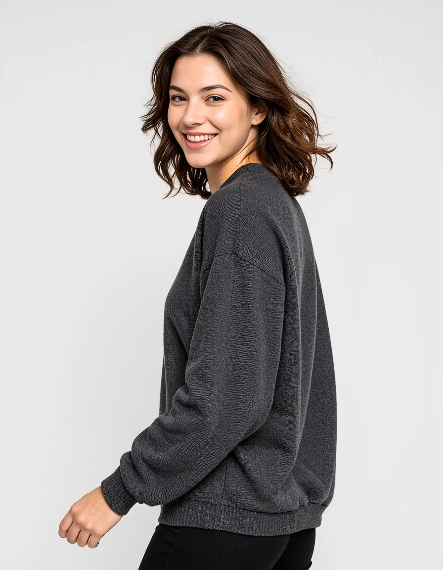 Portrait photography featuring a person in a gray sweater smiling against a white background, showcasing casual fashion styling