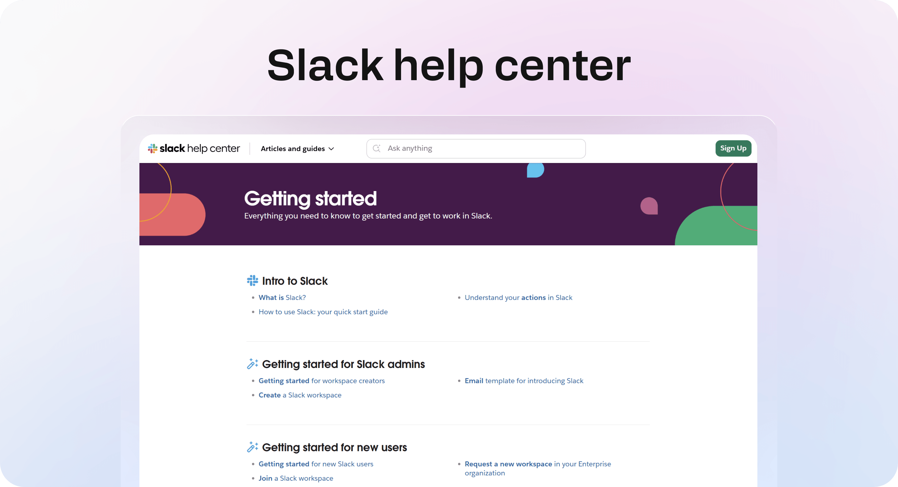 Slack help center getting started page with guides for users, administrators, and workspace creators