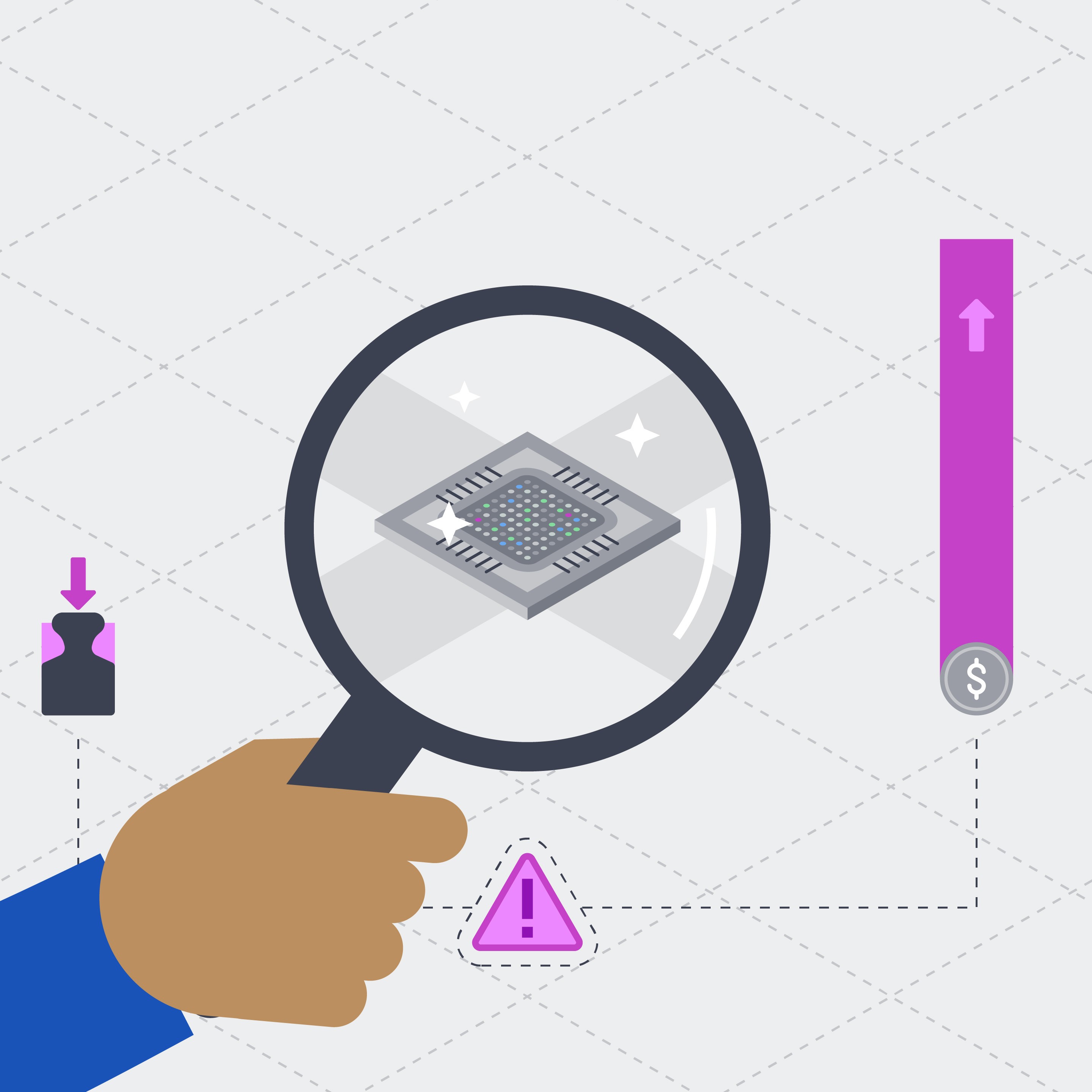 A hand with a magnifying glass checking an element in the center of the image. Simple vector illustration with limited colors.