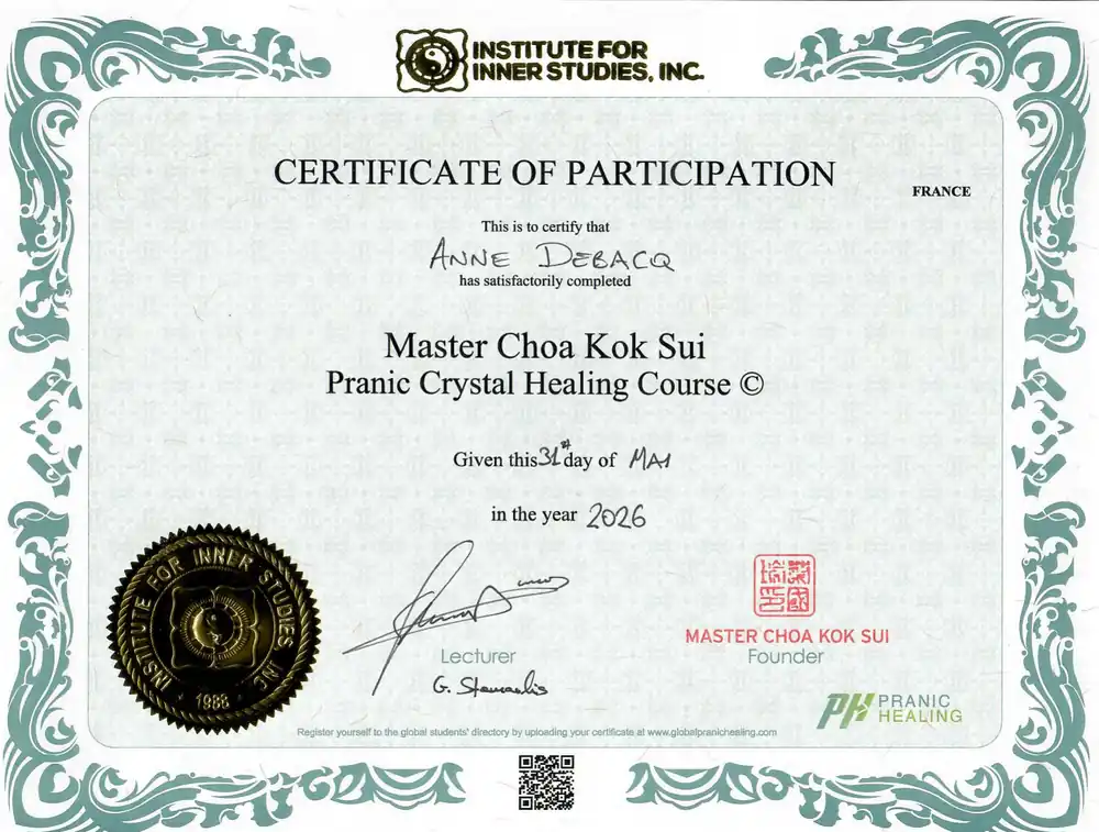 Certificat Pranic Crystal Healing d'Anne Debacq, Institute for Inner Studies, mai 2026