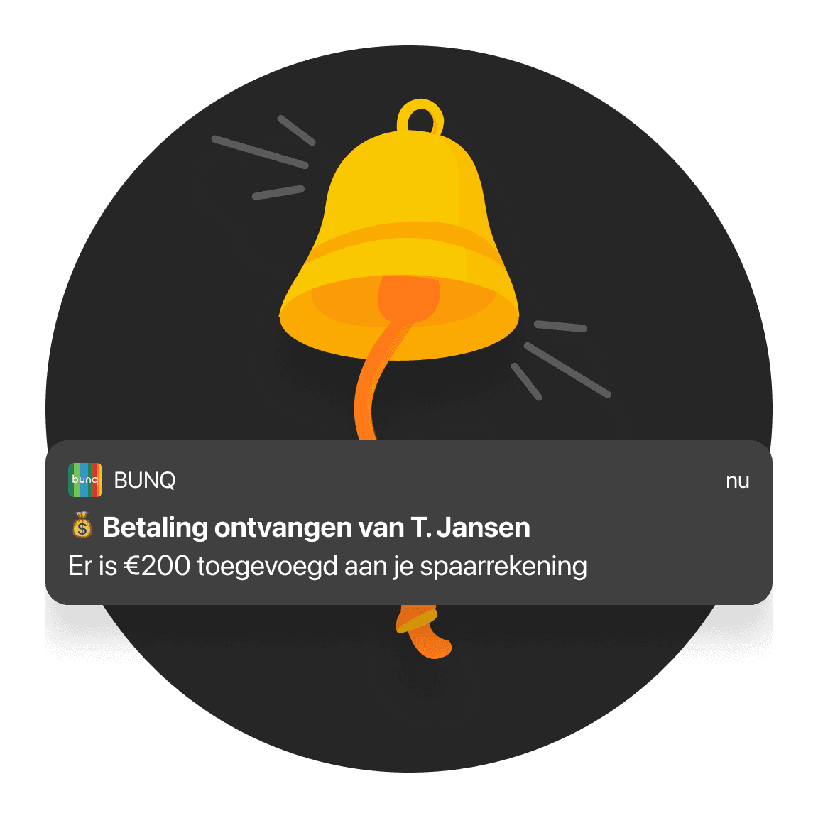 Melding over een ontvangen betaling, met een icoon van een bel en een hand die een gele bel vasthoudt.