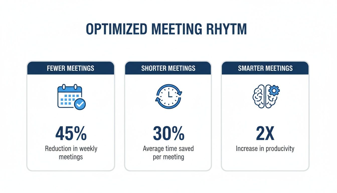 Infographic showing optimized meeting rhythm: 45% fewer, 30% shorter, 2X smarter meetings.