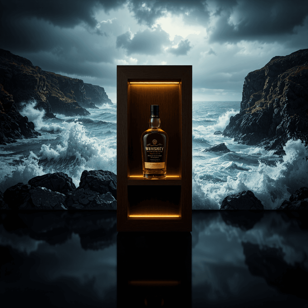 product photography of a display unit for whiskey featuring a bottle of Bowmore 10 Year Old