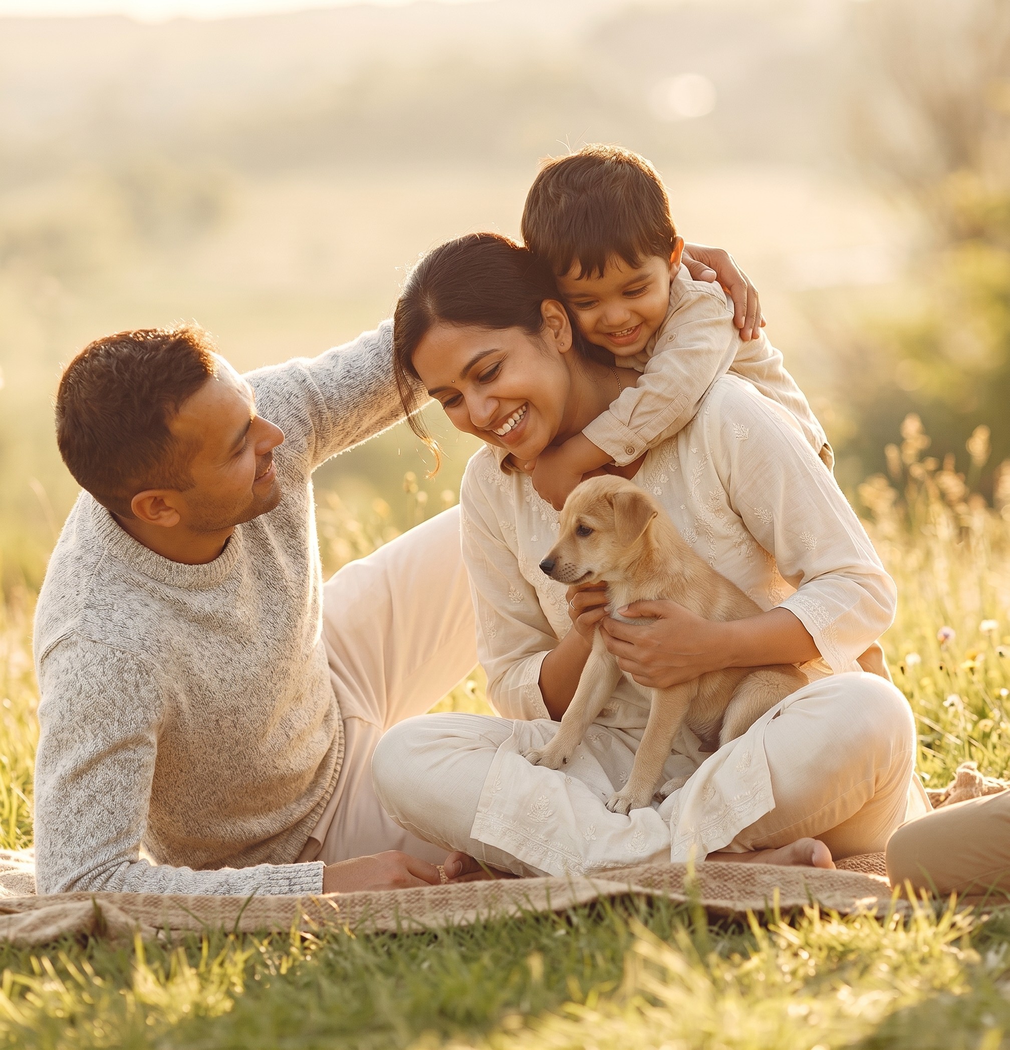 happy family photo with two small kids protect secure insurance policy