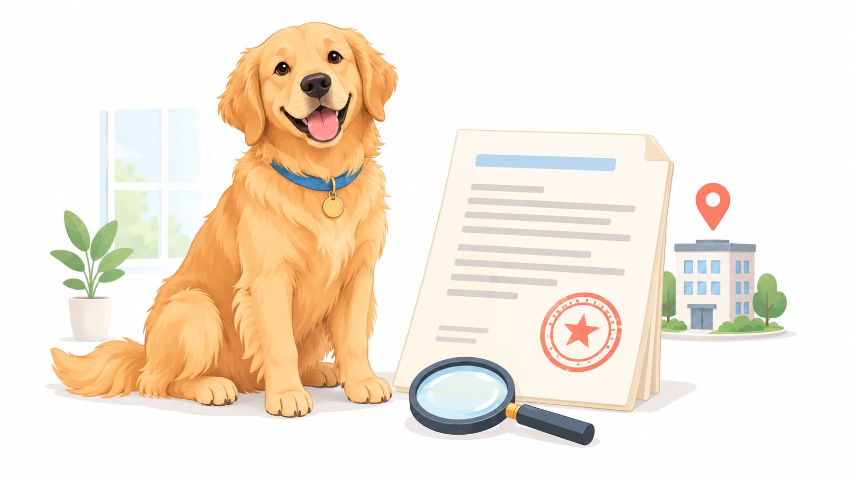 A friendly golden retriever dog sitting next to a document with a seal and a magnifying glass.