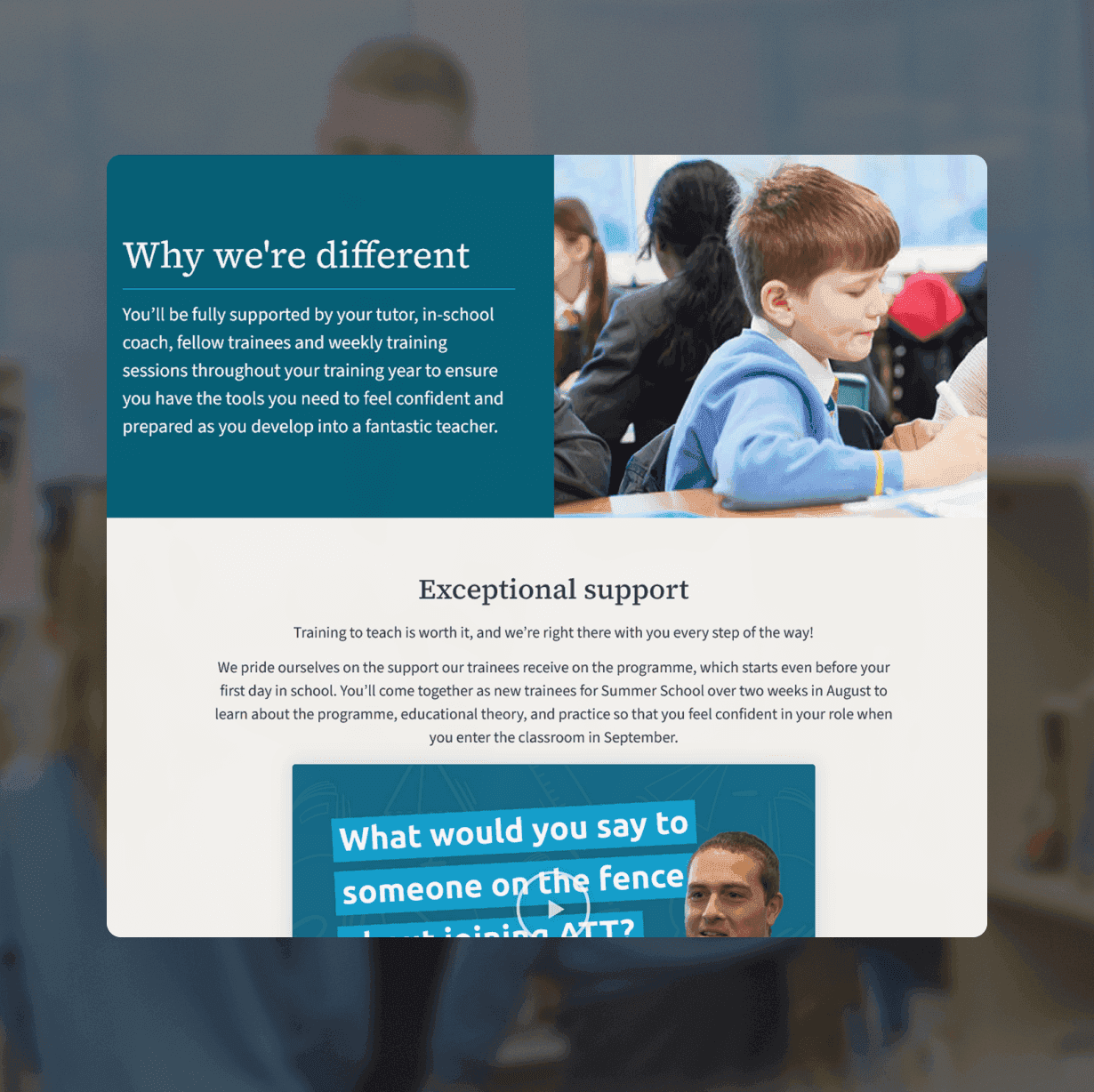 Ark Teacher Training "Why we're different" page highlighting exceptional support with a photograph of a child and a pull quote from a teacher