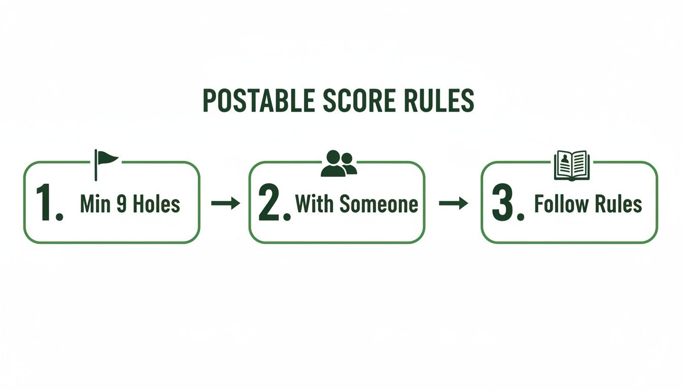 A visual guide outlining postable golf score rules: minimum 9 holes, with someone, and follow rules.