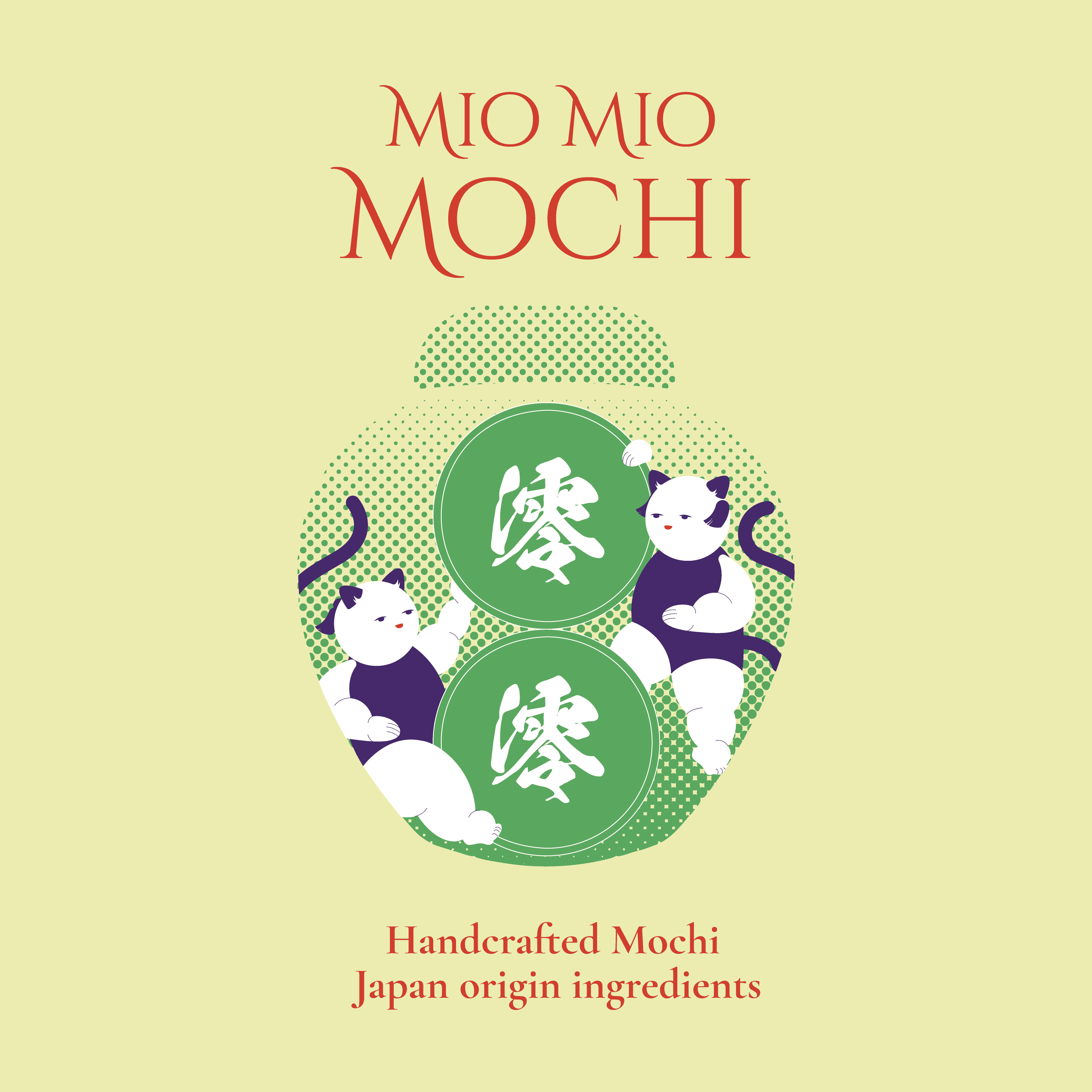 Mio Mio Mochi pastel green brand illustration with character design.