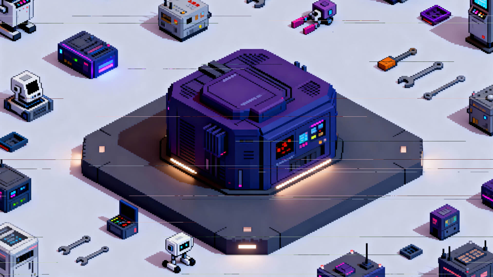 Pixel-art illustration of a central enterprise AI platform surrounded by disconnected tools, representing the gap between AI adoption and real business impact.