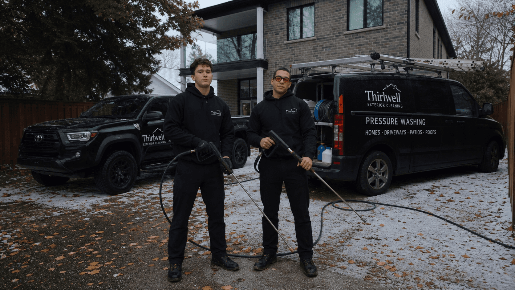 Thirlwell Exterior Cleaning crew with pressure washing equipment beside the branded van