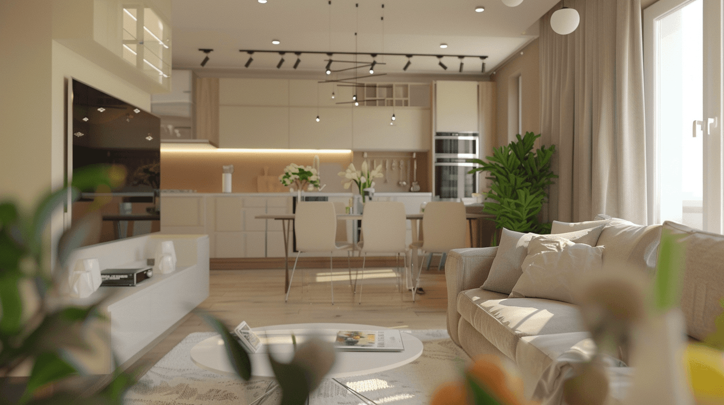 A cozy living room with beige walls, a Scandinavian-style sofa, a wooden coffee table, and minimalistic decor, featuring natural light from large windows.