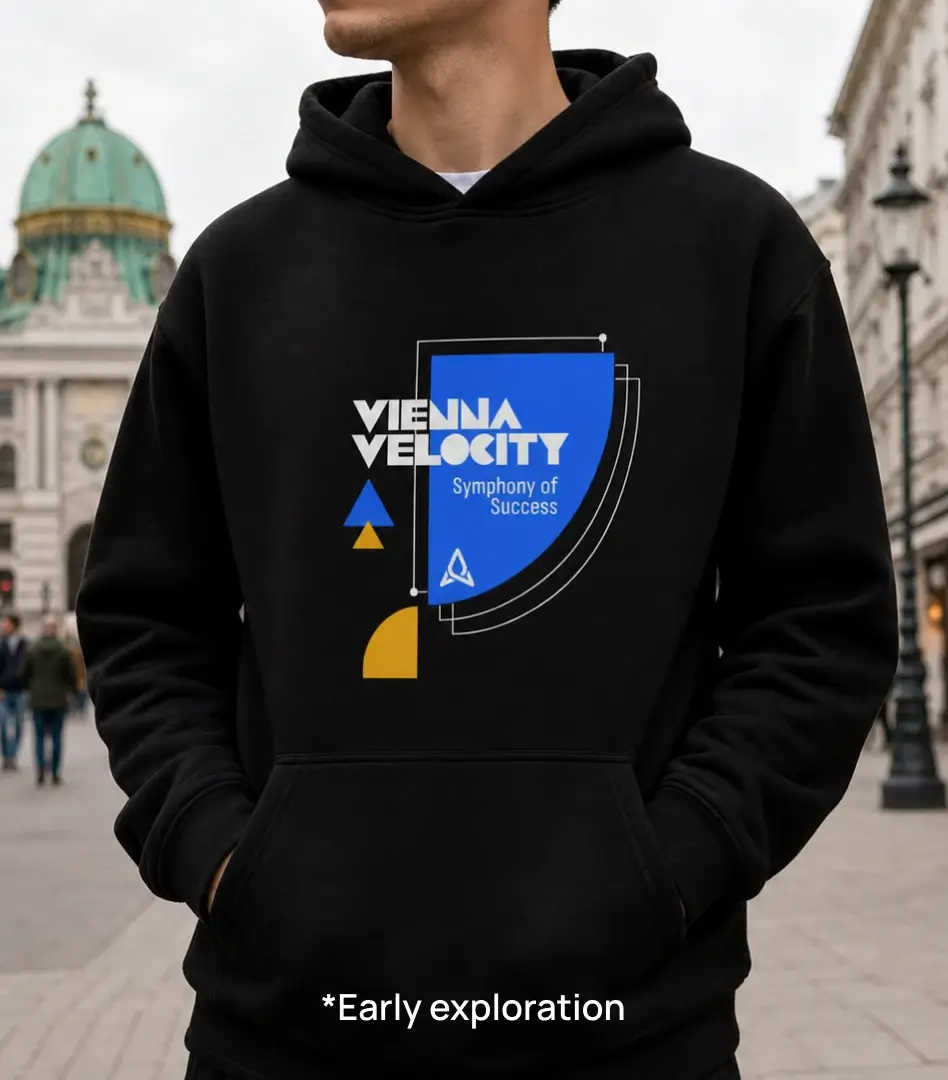 Man wearing a black hoodie printed with an early Vienna Velocity retreat design featuring geometric shapes and a symphony tagline.