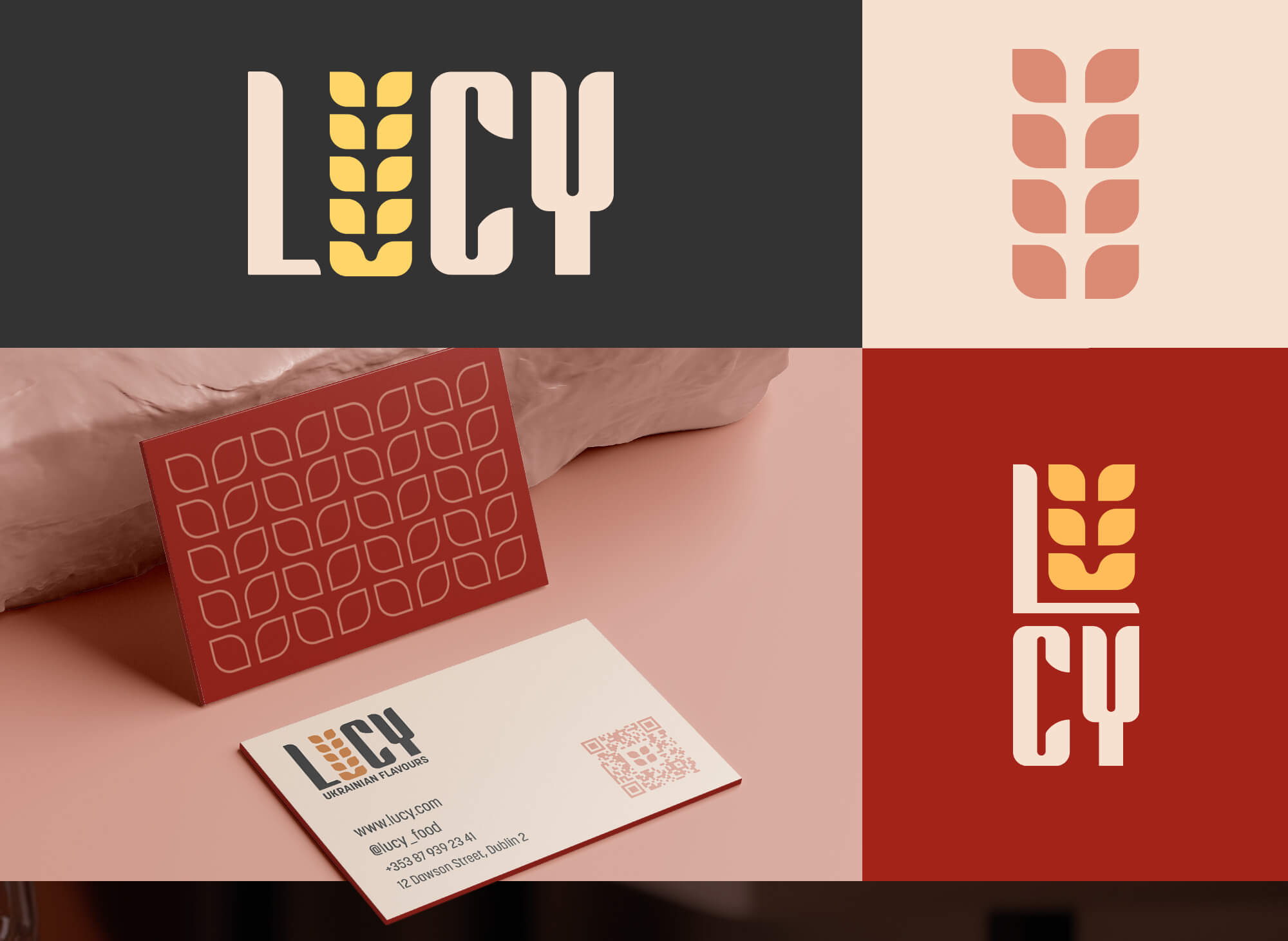 Grid of Lucy logo lockups and wheat-motif pattern tiles on dark and red backgrounds, with branded business cards
