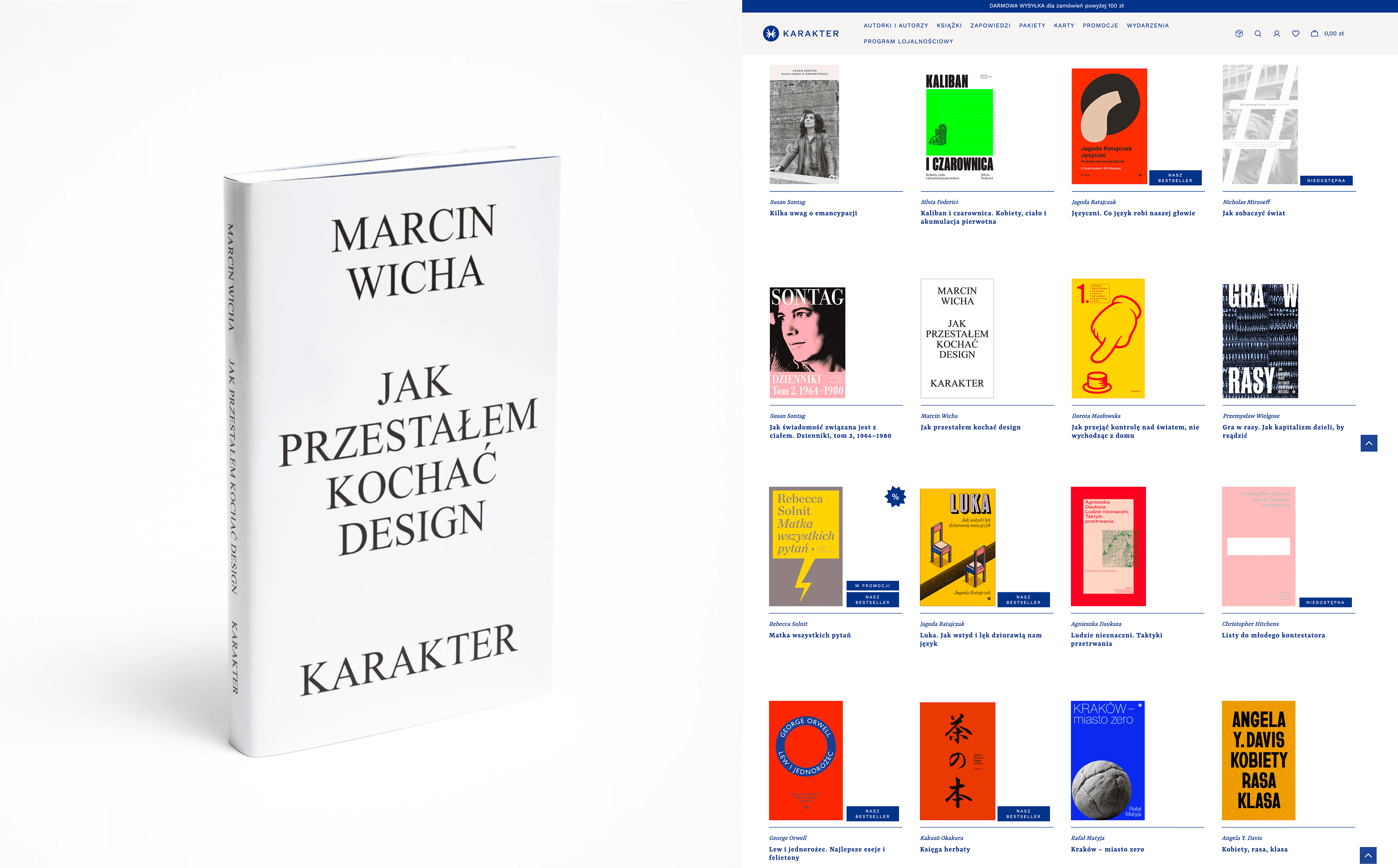 Po lewej widzimy zdjęcie opisywanej w tekście okładki Marcina Wichy Jak przestałem kochać design. Natomiast po prawej znajduje się printsceen strony wydawnictwa, gdzie okładka wizualnie wyróżnia się pośród innych książek