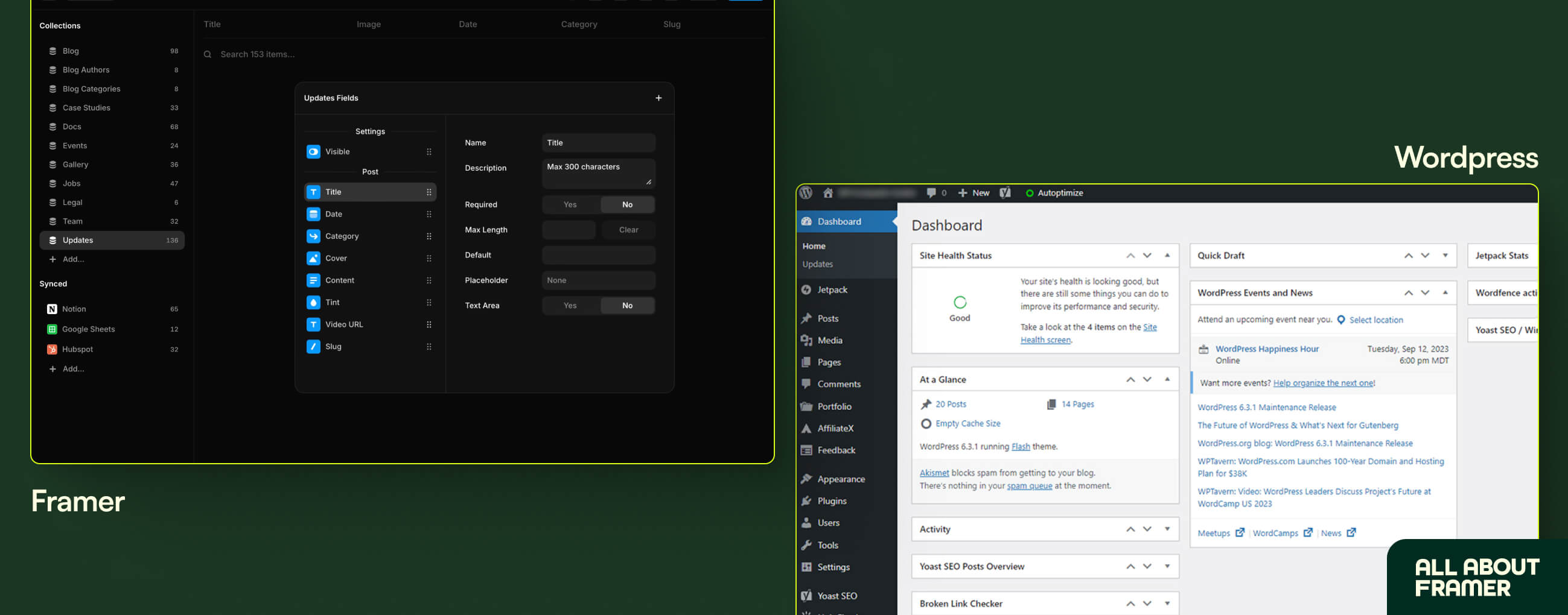 Framer visual editor interface side-by-side with WordPress backend dashboard showing the difference in design experience and complexity