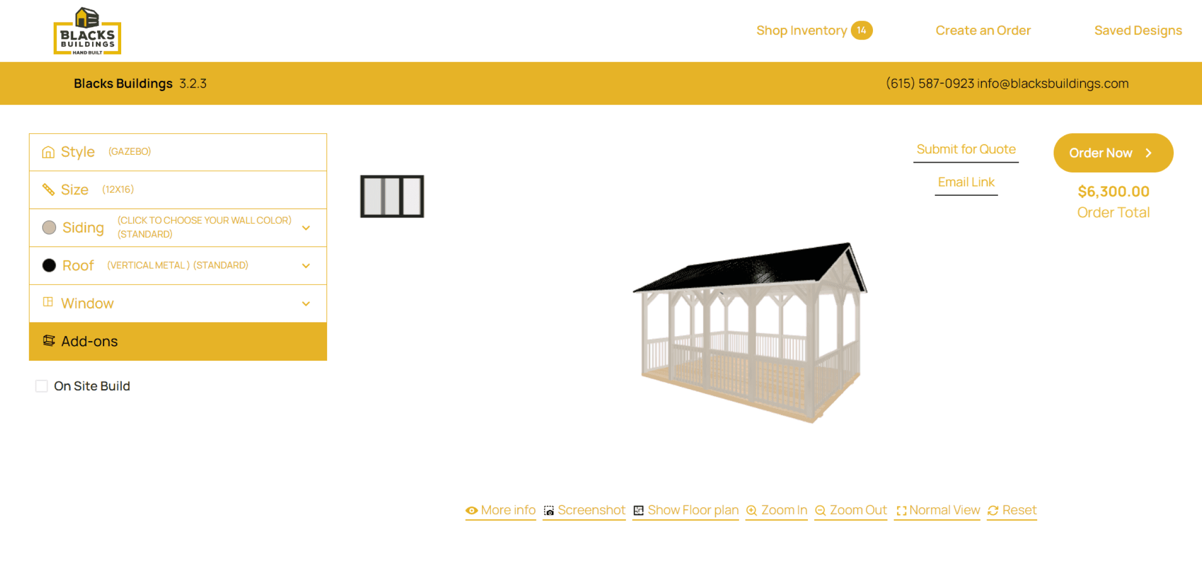 MyShed 3D configurator featuring customizable shed templates, with options for style, size, and add-ons