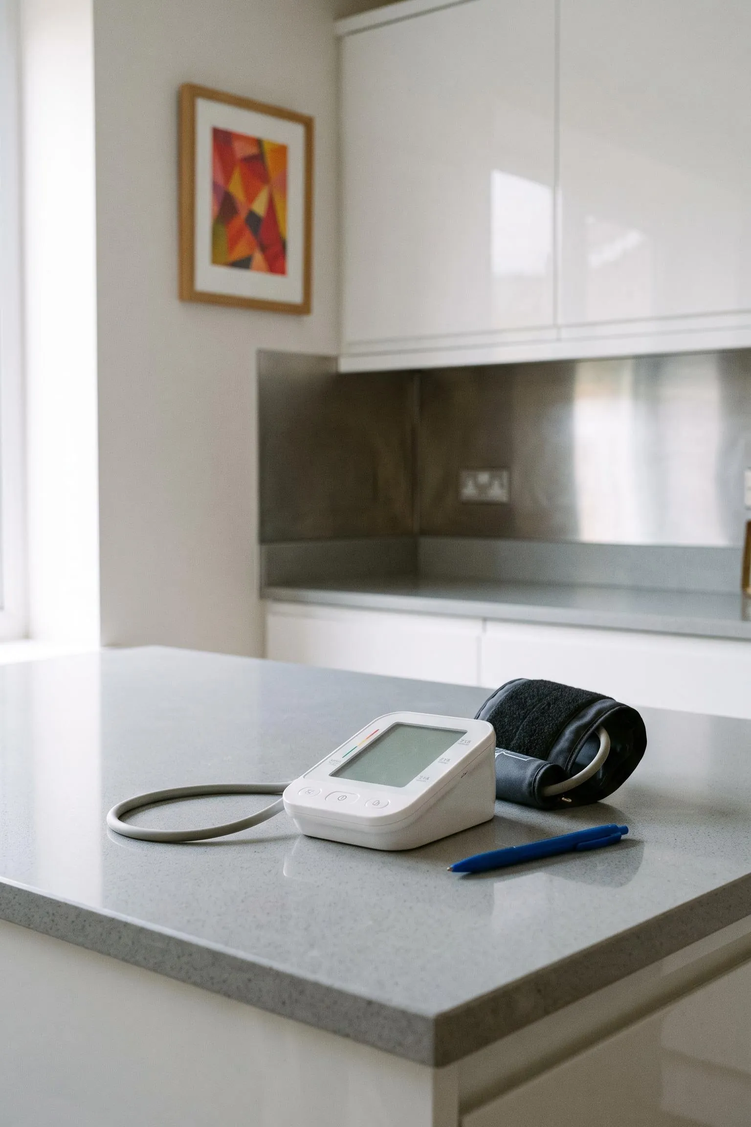 A home blood pressure monitor and cuff on a kitchen worktop