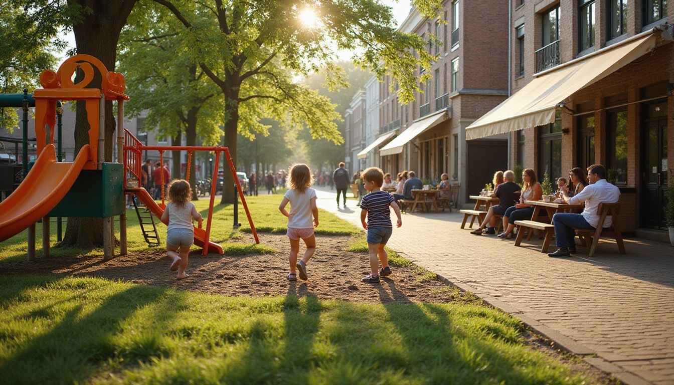 A lively Amsterdam playground surrounded by charming canal houses and cafes.