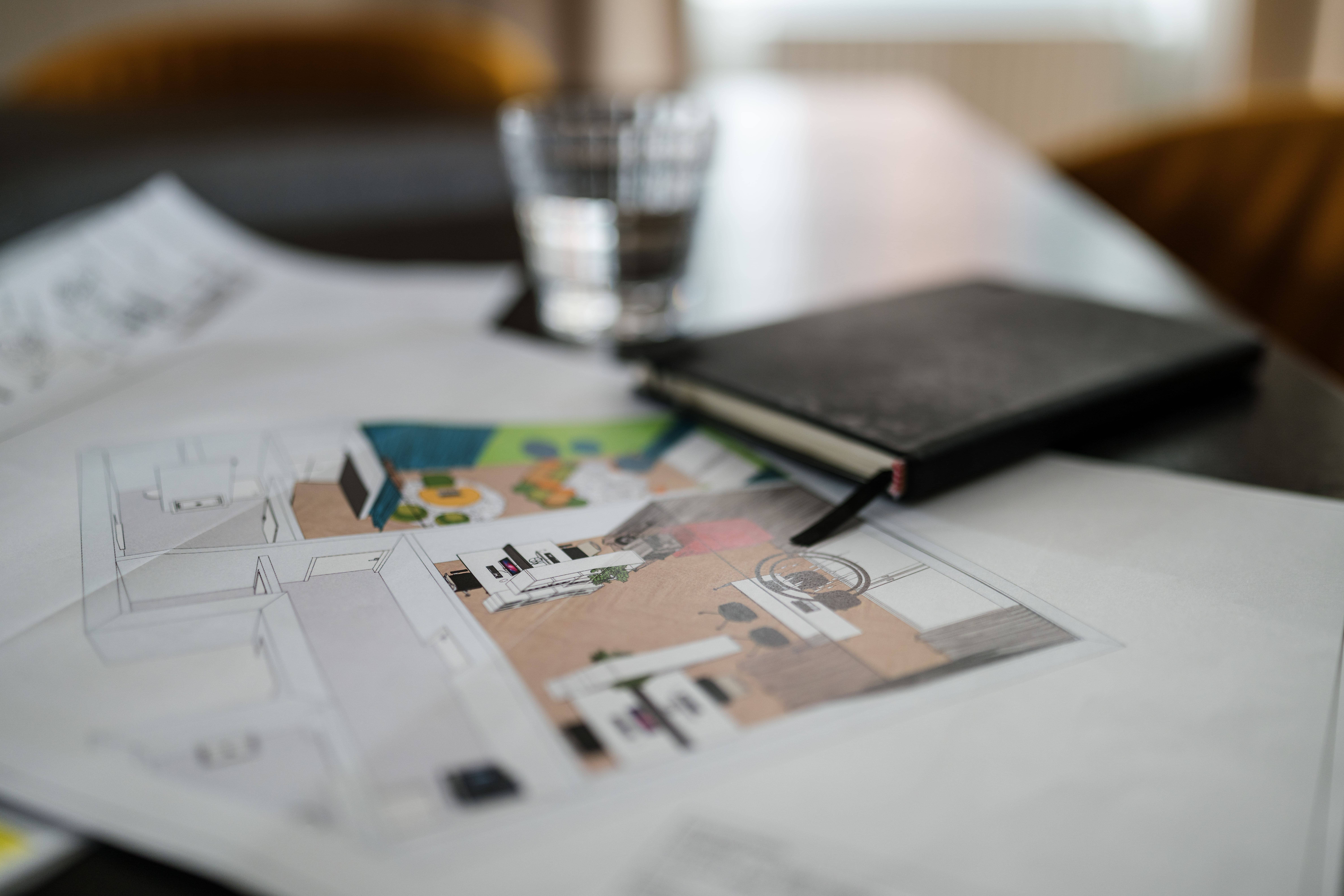 MW Interior Designkonzept mit Moodboard, Farbmuster und Materialproben für die individuelle Objekteinrichtung