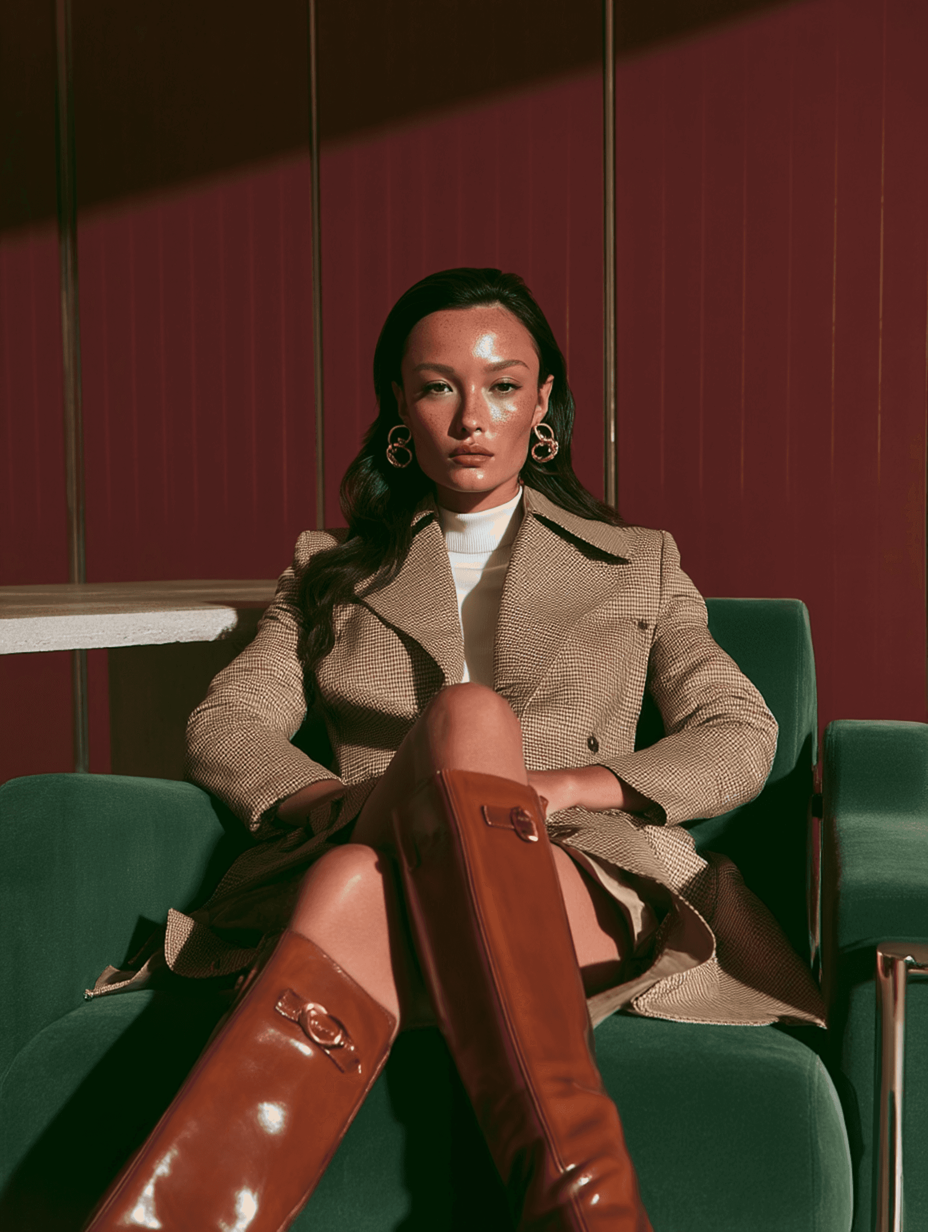 A stylish woman in a beige coat and brown boots sits on a green chair against a red background, exuding elegance and confidence.
