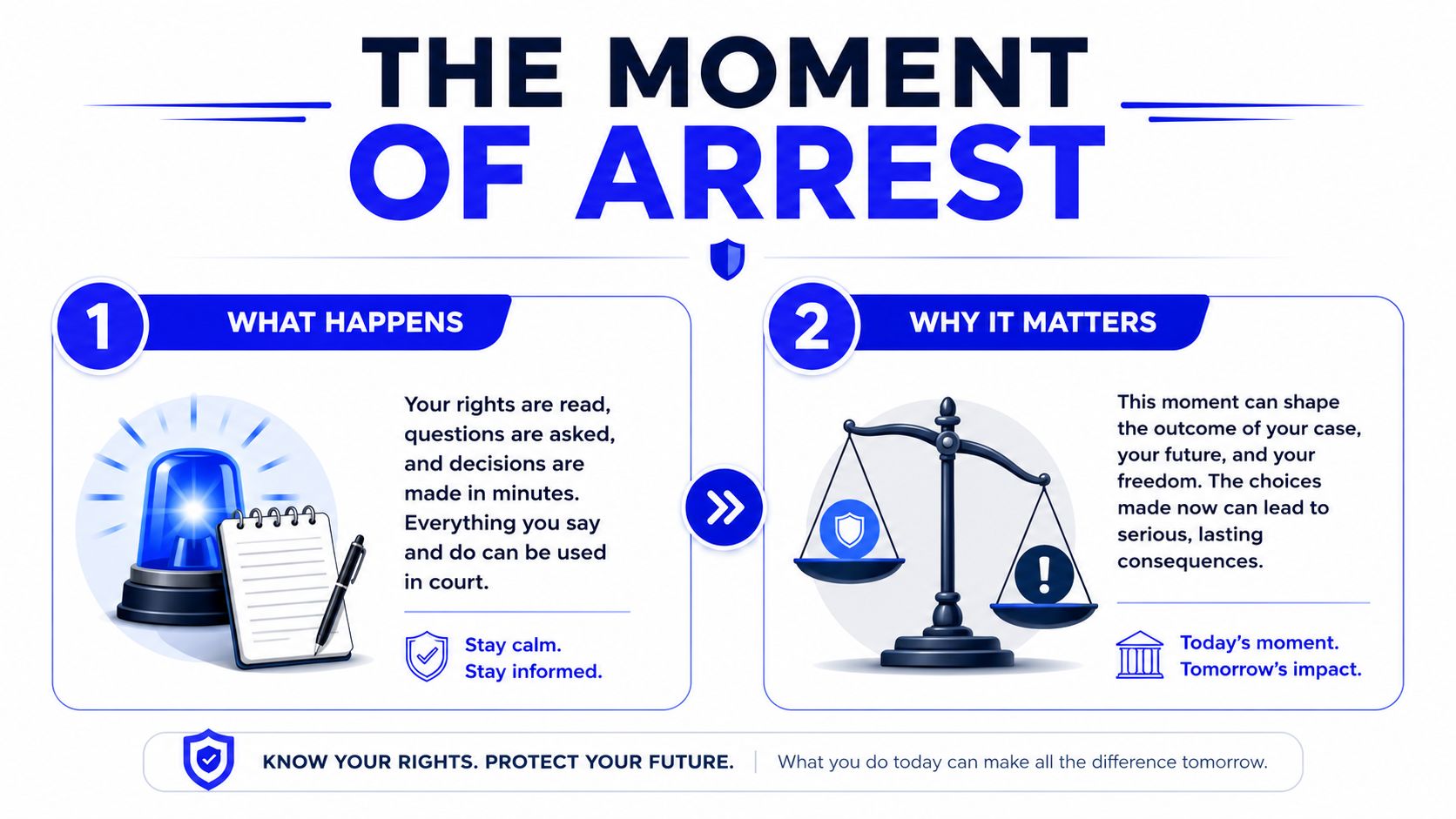 An infographic titled The Moment of Arrest explaining the importance of knowing your rights during police interactions.