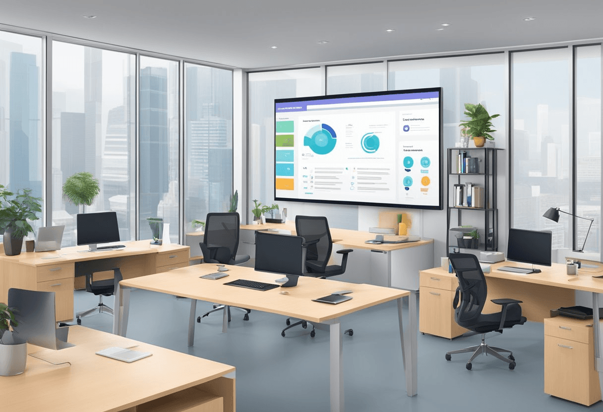 A modern office with a sleek, user-friendly career site displayed on a large screen, showcasing compelling content and attracting top talent