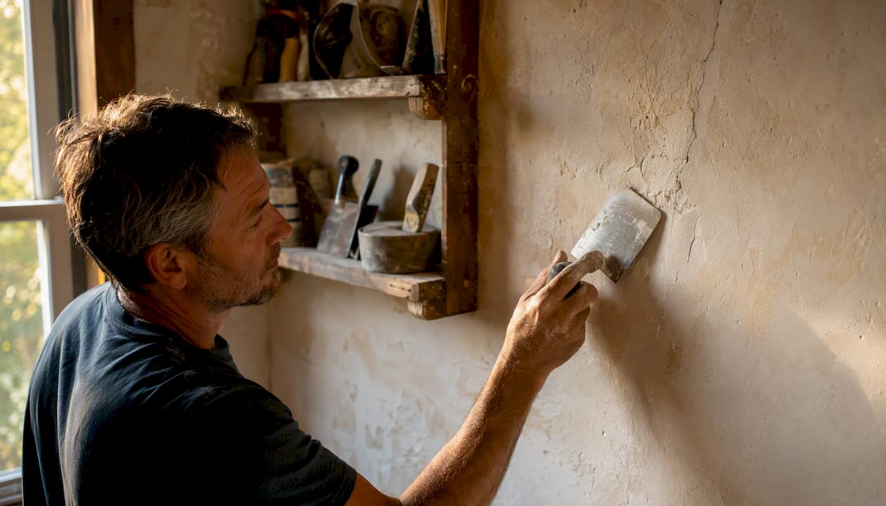 Hands troweling plaster to repair wall crack