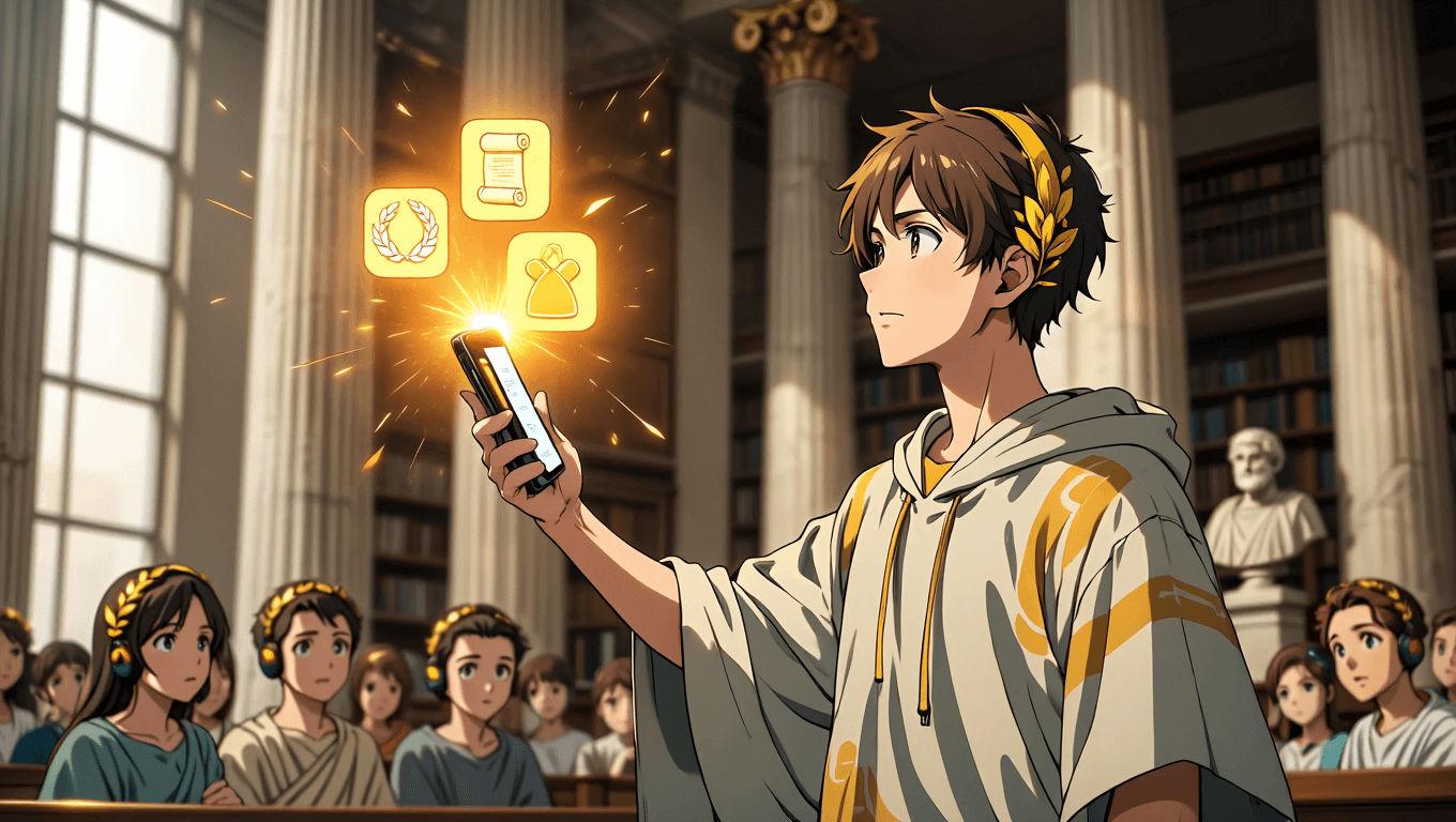 Student choosing between three glowing study app icons above a golden smartphone in a neoclassical library