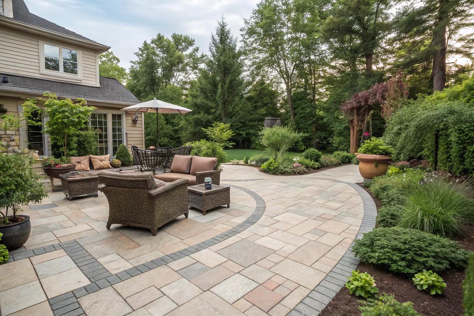A paved garden patio with an outdoor seating area