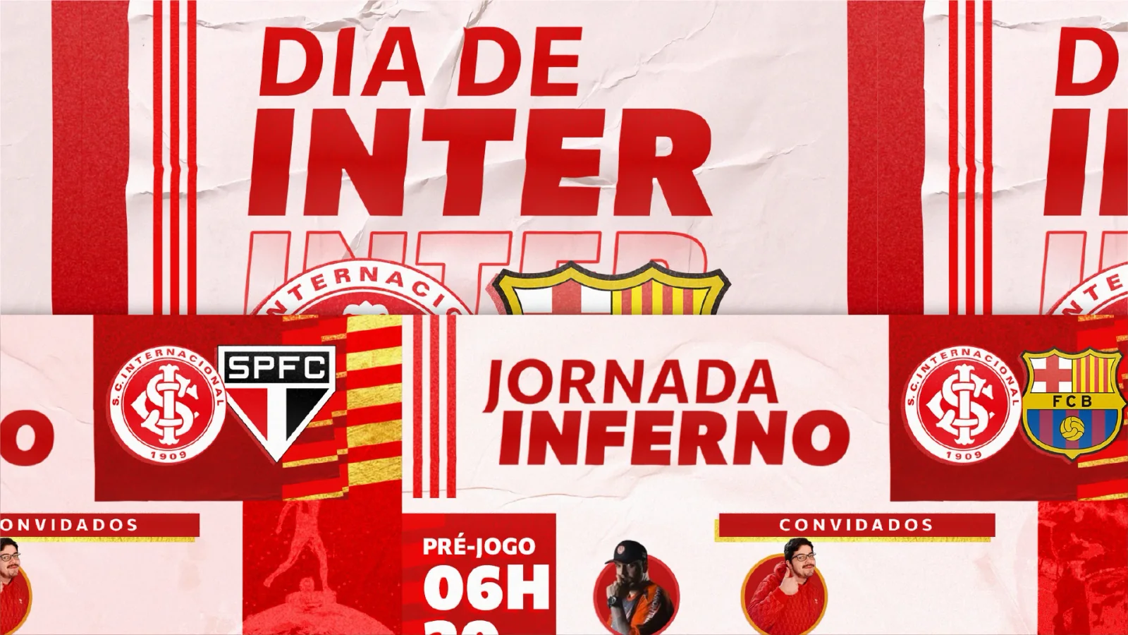 Close-up of overlapping “Dia de Inter” and “Jornada Inferno” cards, with bold red lettering, Internacional and opposing club crests, white paper texture and gold accents.