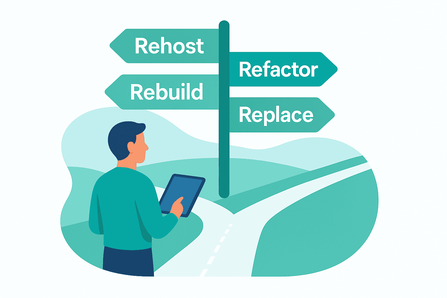Google-style flat vector roadmap showing modernization paths labelled Rehost, Refactor, Rebuild, and Replace, with a professional analysing routes on a tablet, in blue-green gradients.