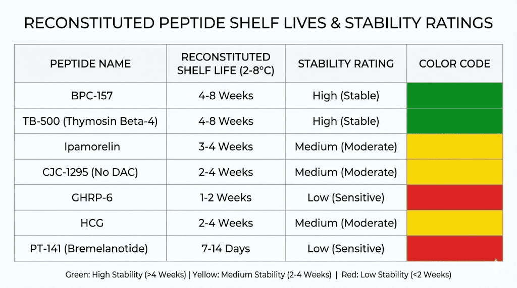 Reconstituted peptide shelf life chart by peptide type