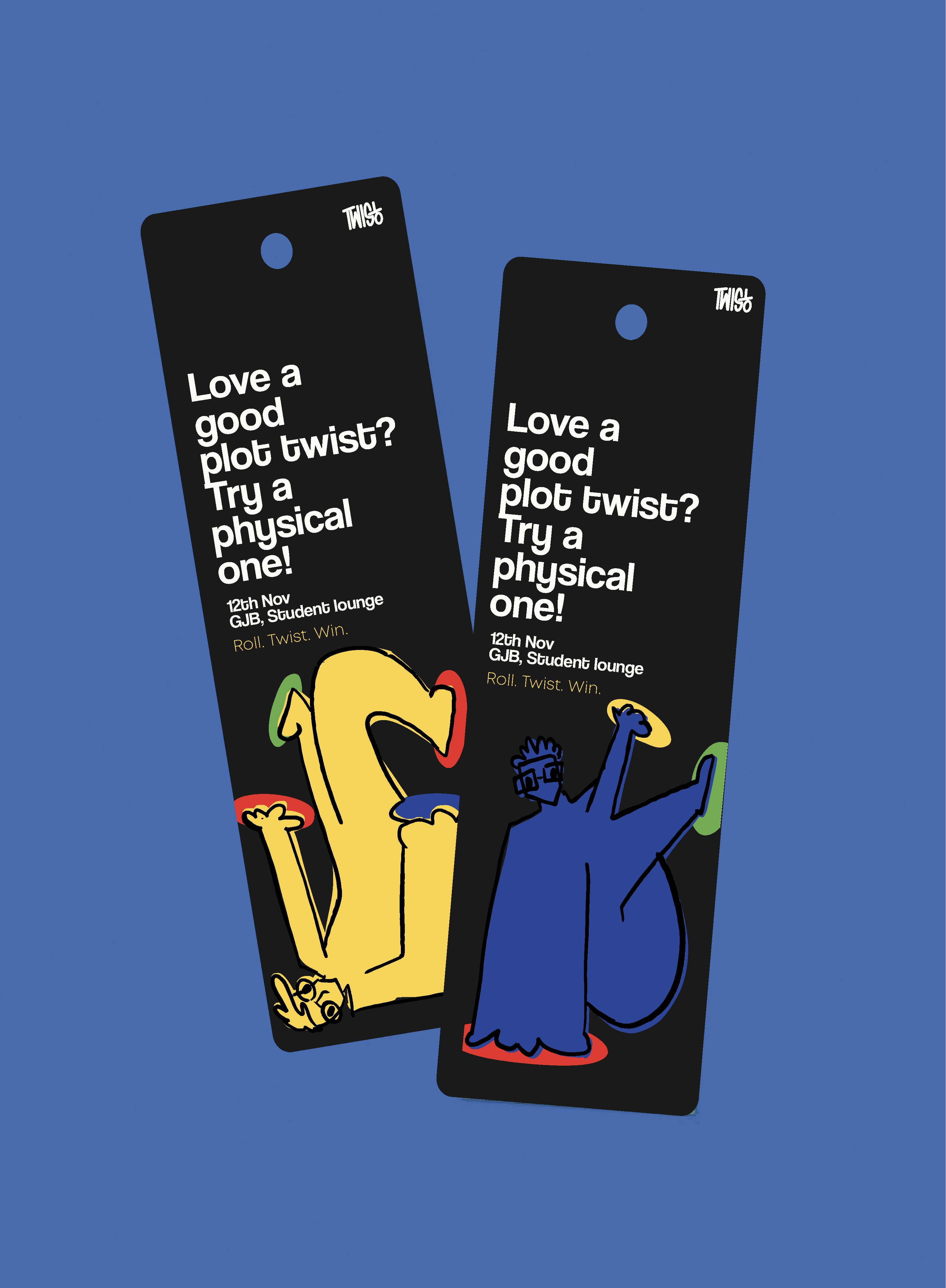 Twist-O promotional bookmarks featuring playful illustrated characters and bold typography for a human-size board game.