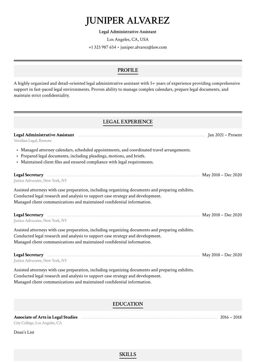 Legal administrative assistant resume example emphasizing document handling and confidentiality