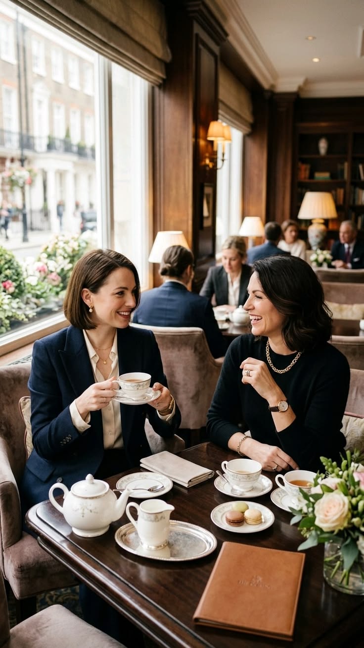 A smiling professional woman engaged in a friendly discussion with a colleague across a desk with a laptop
