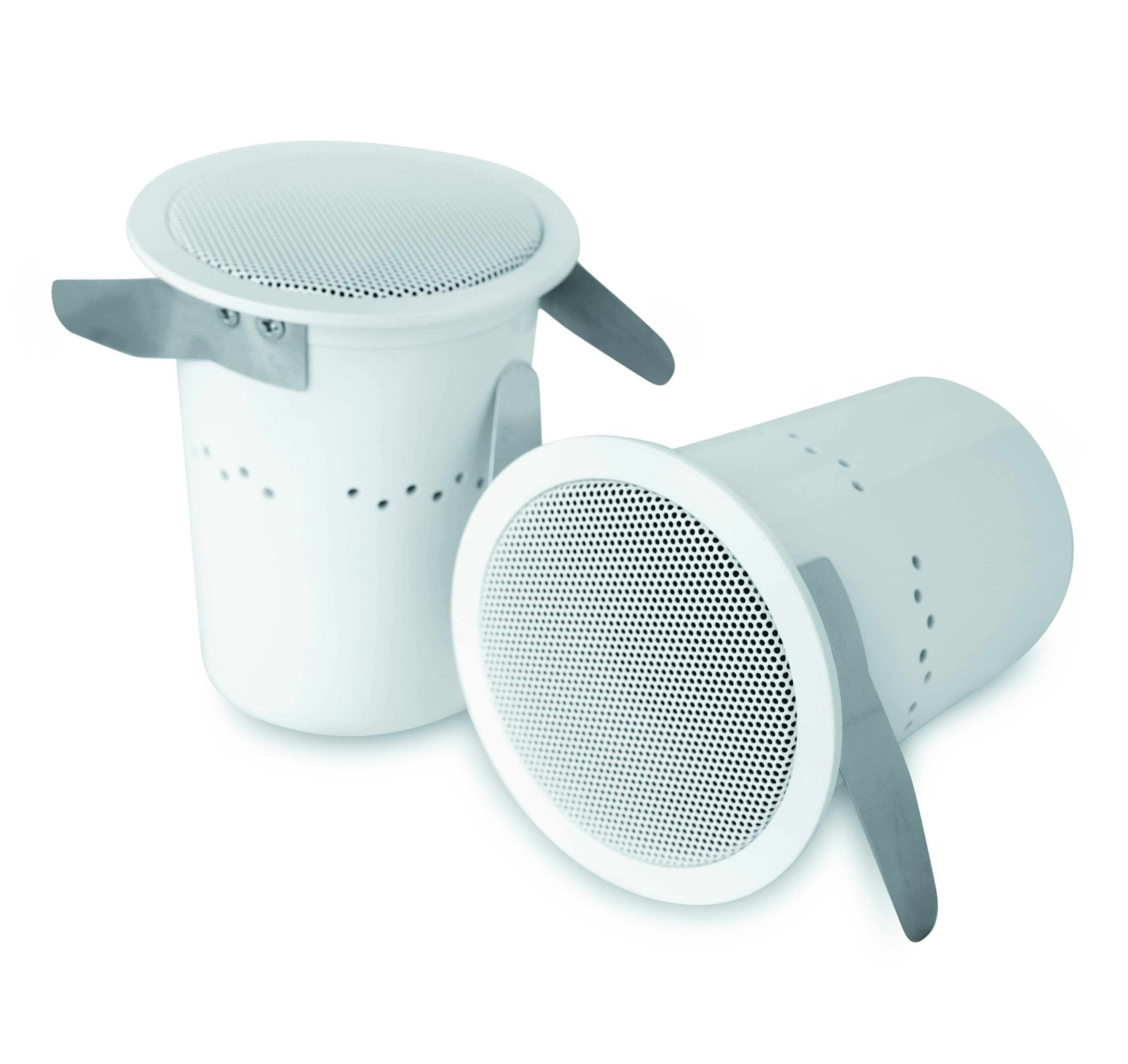Two white recessed speakers with metal mounting brackets.