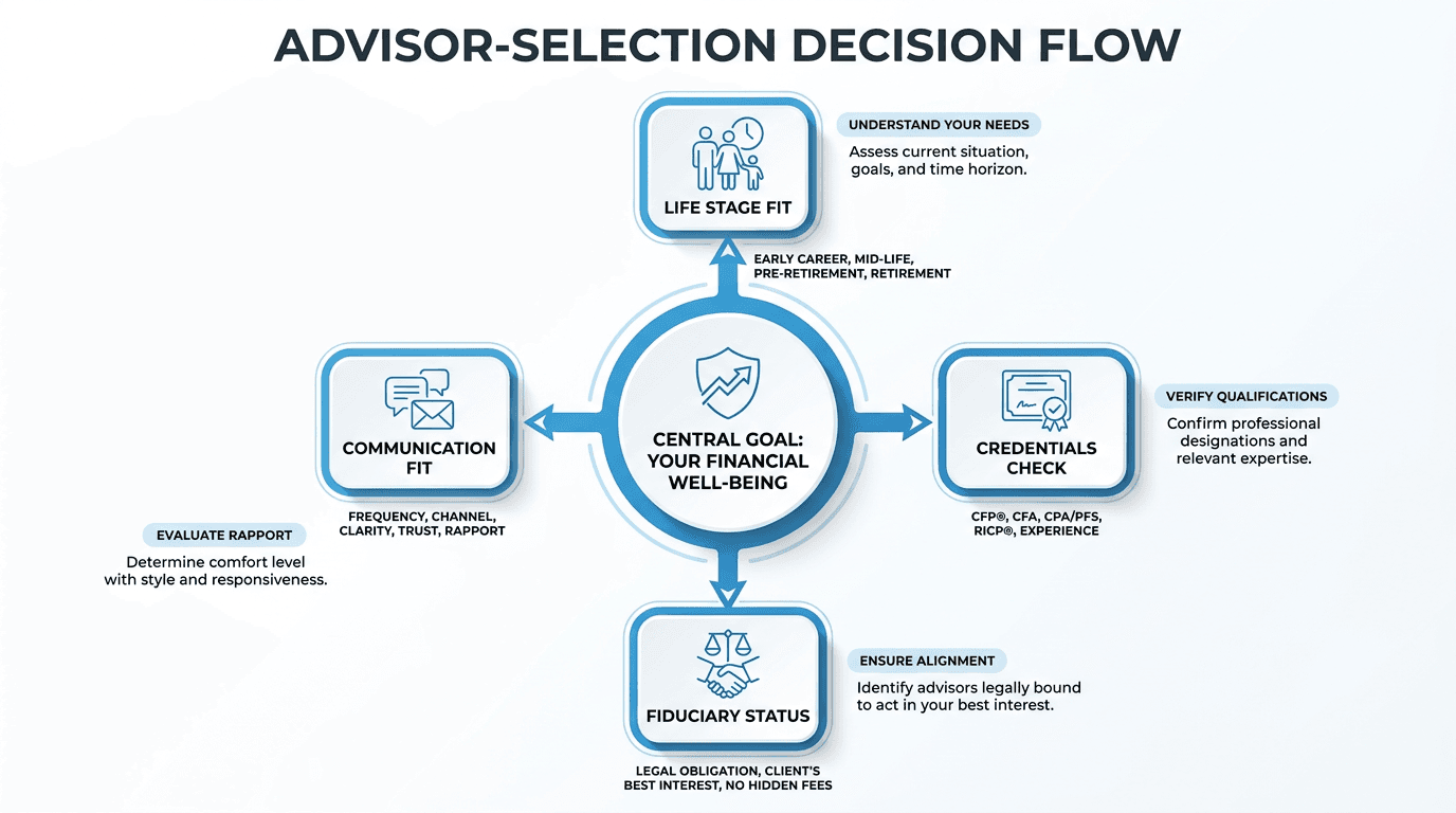 Infographic of a radial decision flow for selecting a financial advisor, with a central goals node connected to life stage, credentials, fiduciary status, and communication fit using clean icons and short labels for easy scanning.