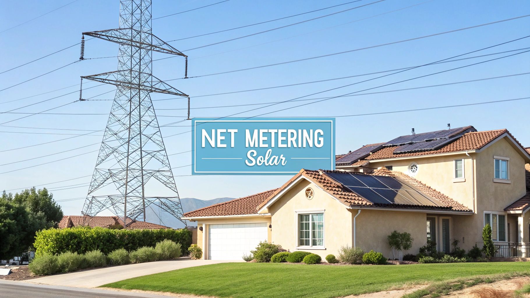 A blue box displaying 'net metering solar' with a home and set of powerlines in the background