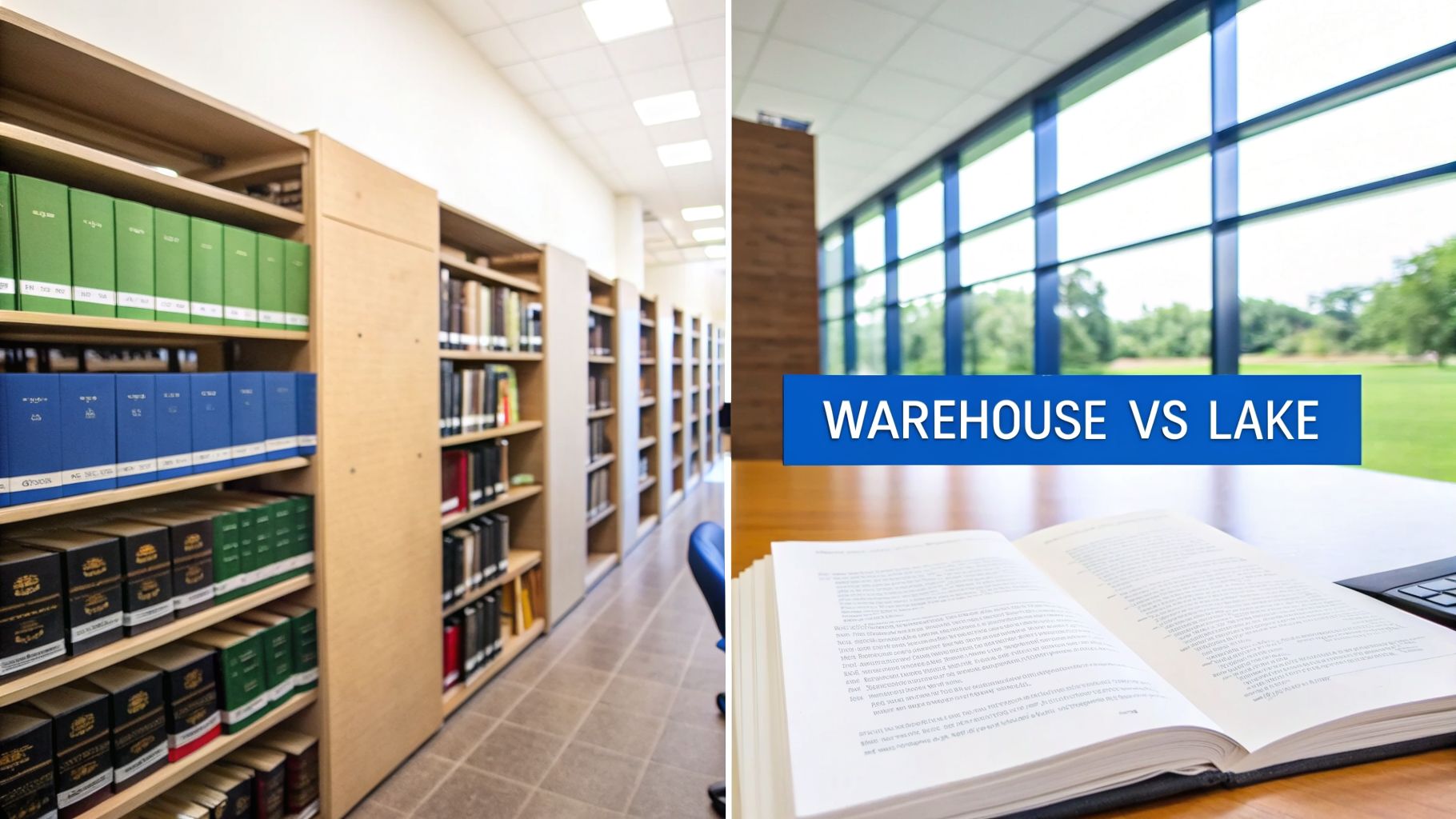 A split image comparing a library with bookshelves and an open book on a table with 'WAREHOUSE VS LAKE' text.
