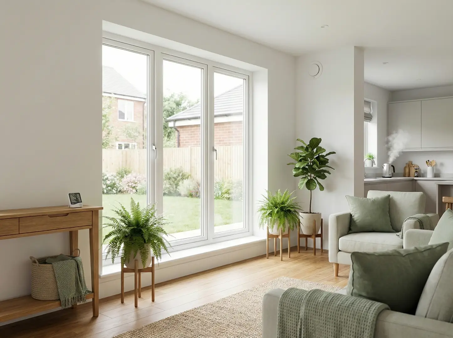 Fenêtre triple vitrage lumineuse. Intérieur moderne et épuré, focus isolation et ventilation.