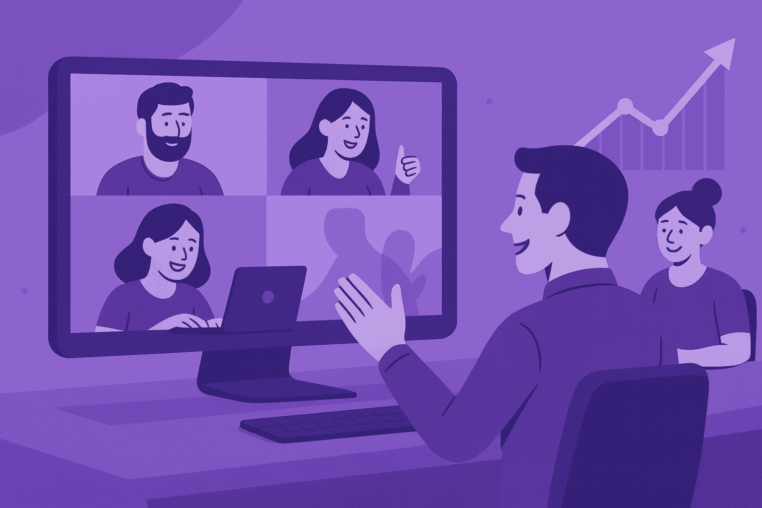 Flat-style digital illustration of a remote leader guiding a motivated virtual team through a video call, symbolizing teamwork, communication, and high performance in a remote work environment.