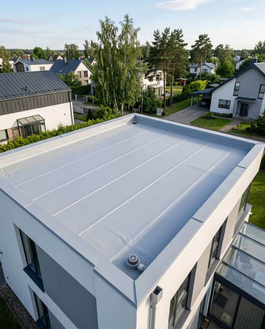 Moderni pastato architektūra su plokščiu stogu