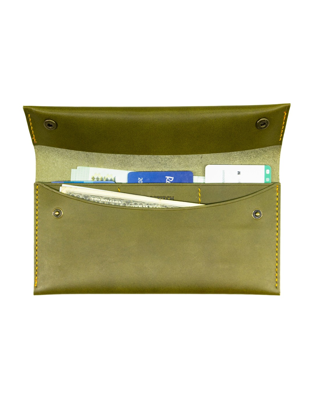 Crosstitch Leather olive green long wallet holding cards and cash, made from full-grain vegetable-tanned leather.