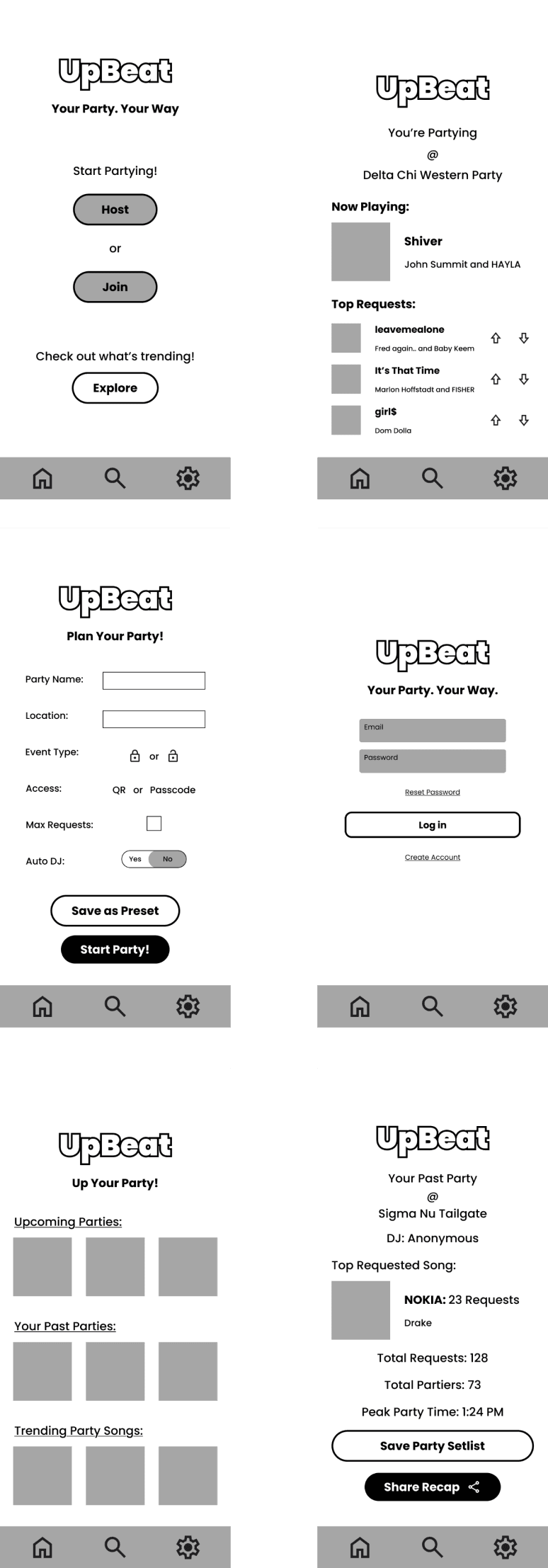 Low-fidelity mockups of UpBeat interface