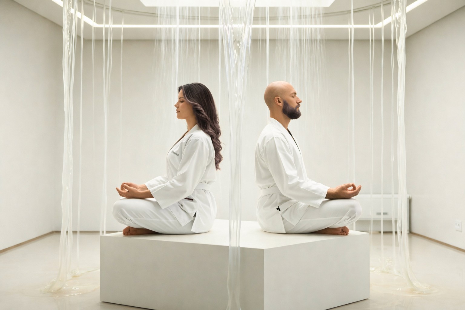 ana et david médite en tenue blanche, assis dos à dos, dans un espace minimaliste