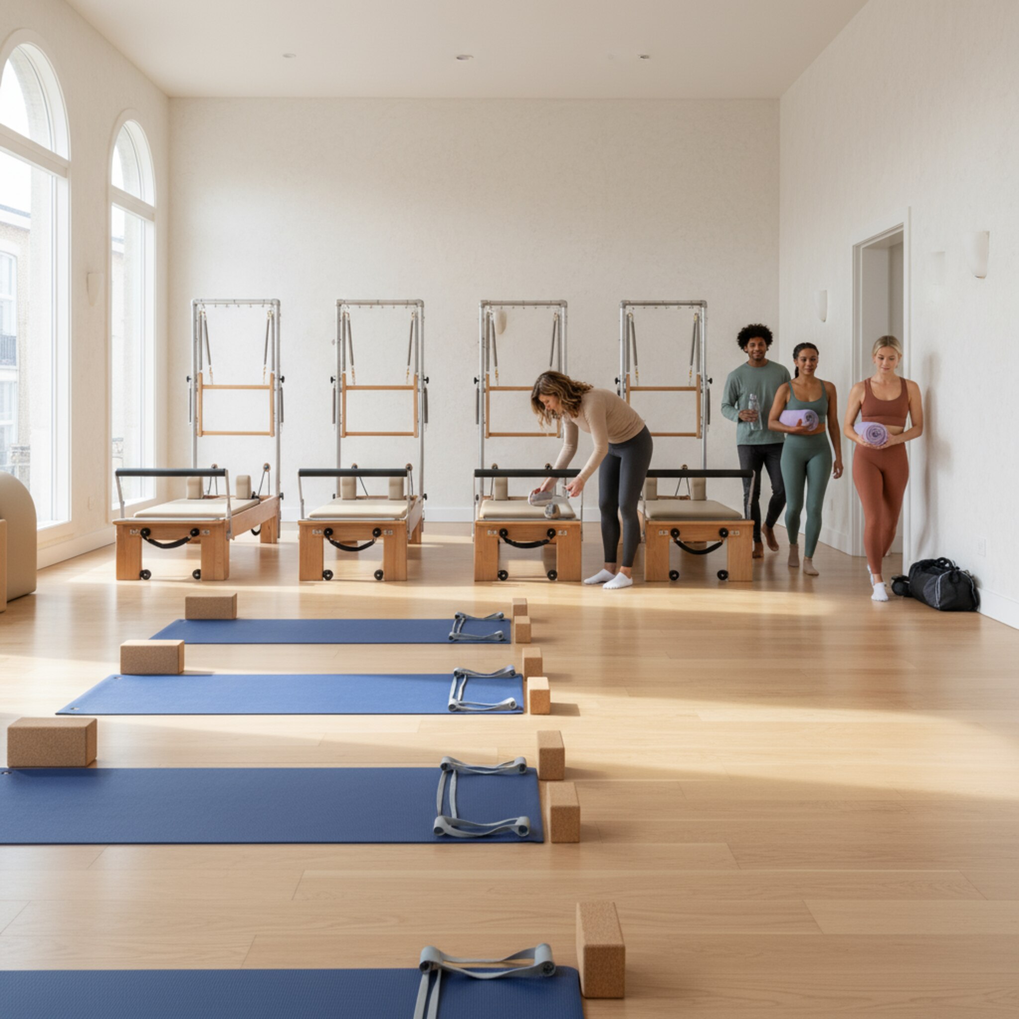 Ein Kursraum mit zwei Zonen zeigt klar getrennte Bereiche: Matten vorne, Reformer hinten. Ein Trainer prüft die Ausrichtung der Geräte, während die ersten Teilnehmer leise eintreten. Das Licht ist weich und gleichmäßig. Die geordnete Anordnung vermittelt Struktur, Übersicht und Ruhe vor dem Start.