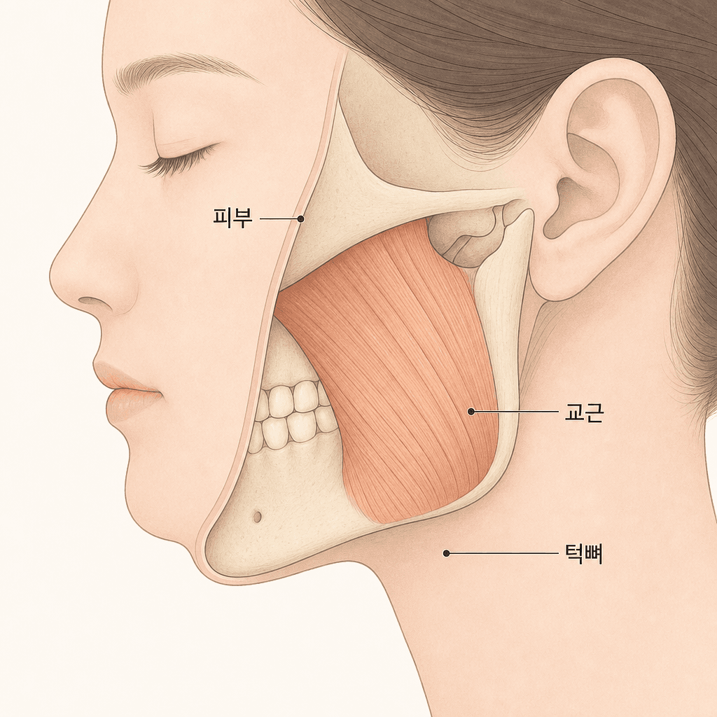 턱 옆에 자리한 교근과 그 위의 얇은 피부층
