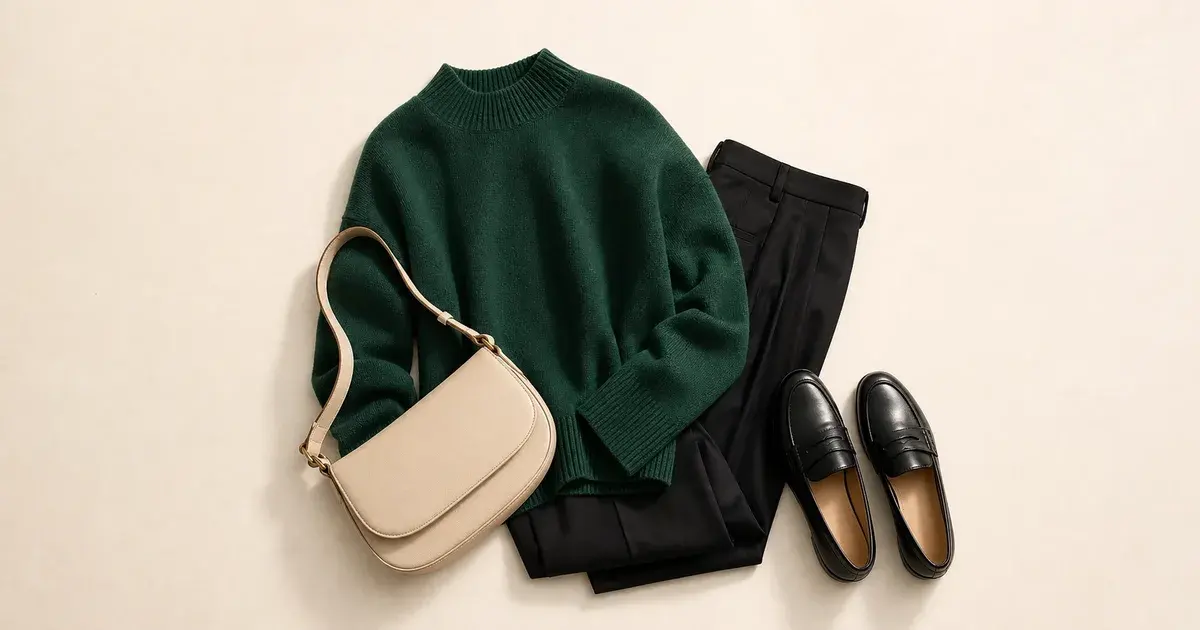 A deep forest green knit sweater laid flat with black tailored trousers, a cream shoulder bag, and black loafers on a warm ivory background